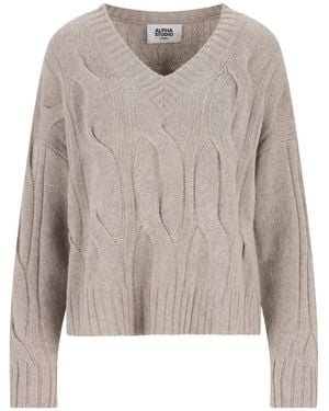 Alpha Studio Pull En Maille Torsadée À Col V - Neutre