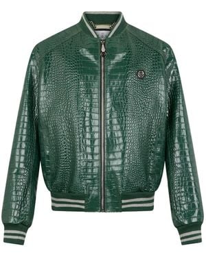 Philipp Plein Leather Bomber Jacket - Green