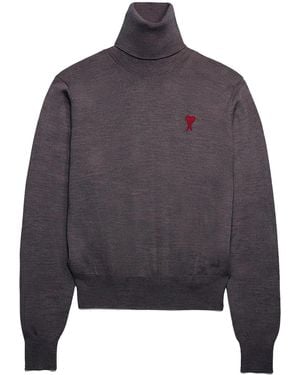 Ami Paris Ami De Coeur Turtleneck Wool Jumper - Grey