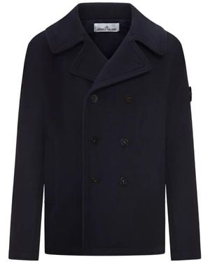 Stone Island Double-Breasted Logo-Patch Coat - Blue