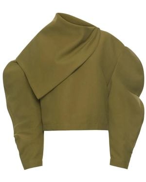 A.W.A.K.E. MODE Draped-Collar Puff-Sleeve Top - Green