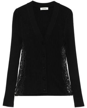 Sandro Lace-Trim Ribbed-Knit Cardigan - Black
