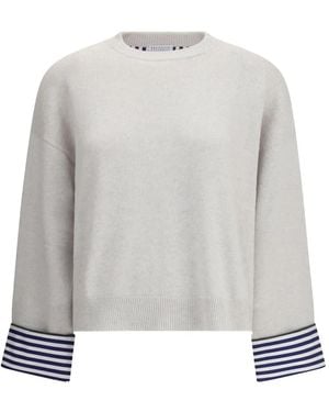 Brunello Cucinelli Striped-Cuff Top - White