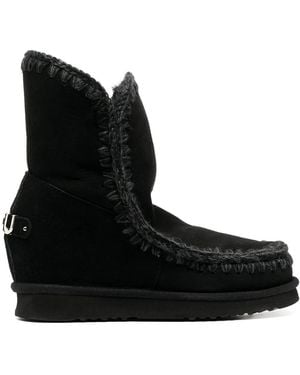 Mou Crochet Stitch-Trim Wedge Boots - Black