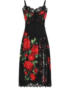 Dolce & Gabbana Rose-Print Charmeuse Midi Dress - Red