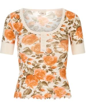 Chloé Floral-Print Ribbed-Knit T-Shirt - White