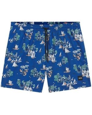 BOSS Swim Trunks With Allover Print - Blue