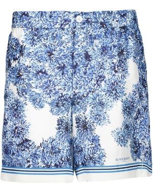 Givenchy Couture Seam Bermuda Floral-Print Silk Shorts - Blue