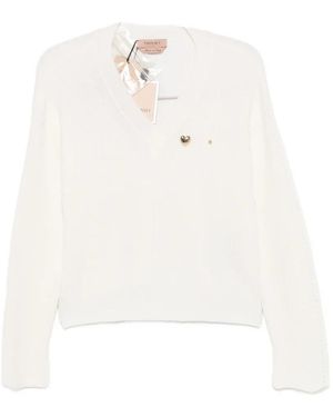 Twinset Ribbed-Knit V-Neck Sweater - White