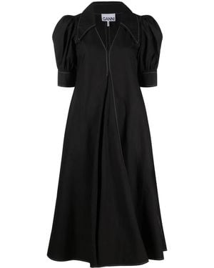 Ganni Puff Sleeve Midi Dress - Black