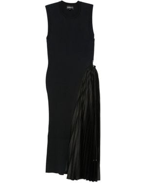 Emporio Armani Pleated-Panel Ribbed-Knit Midi Dress - Black