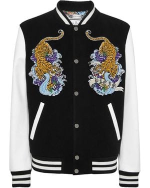 Philipp Plein University Bomber With Woollen Cloth Base Tattoo - Black