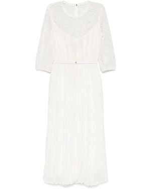 Nissa Floral-Embroidered Pleated Dress - White