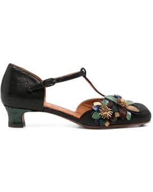 Chie Mihara Floral-Appliqué T-Bar Pumps - Black