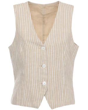 120% Lino Vertical-Stripe V-Neck Waistcoat - White