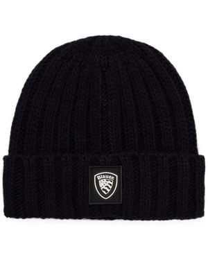 Blauer Ribbed-Knit Logo-Patch Beanie Hat - Black