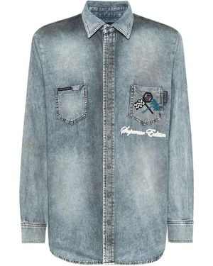 Philipp Plein Camicia Denim Cars Racing - Blu