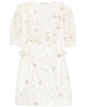Alessandra Rich Floral-Print Silk Taffeta Mini Dress With Buckles - White