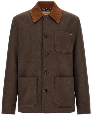 Valentino Garavani Double Wool Caban With Suede Collar And Metallic V Detail - Brown