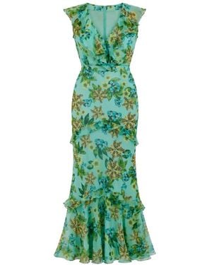 Saloni Rita Floral-Print Ruffled Dress - Green