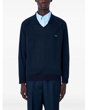 Miu Miu V-Neck Logo-Patch Jumper - Blue