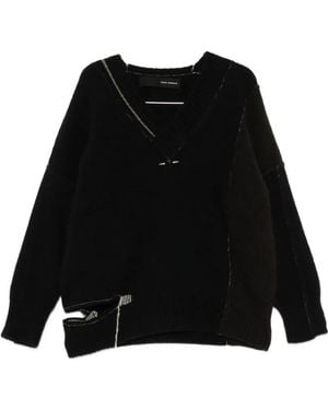 Isabel Benenato Distressed V-Neck Jumper - Black