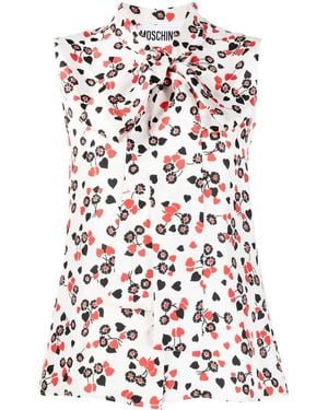 Moschino Floral-Print Pussy-Bow Collar Top - Red