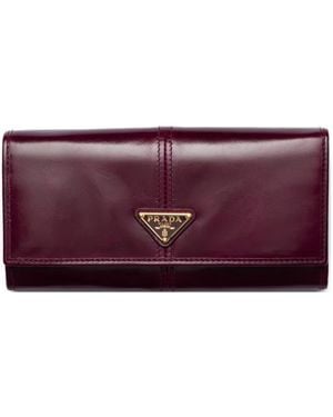 Prada Large Leather Triangular-Logo Wallet - Purple