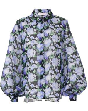 Carolina Herrera Floral Silk Puff-Sleeve Button-Down Shirt - Blue