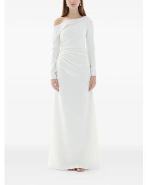 Dina Melwani Crystal Draped Off-Shoulder Gown - White