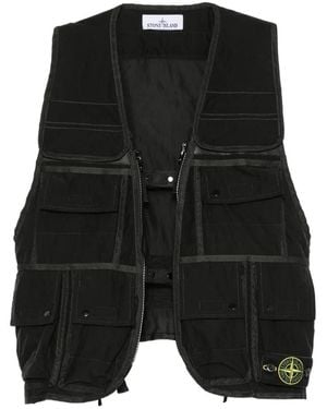 Stone Island Chaleco Con Parche Del Logo Y Múltiples Bolsillos - Negro