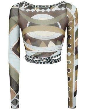 PUCCI Vivara Print Tulle Crop Top - White