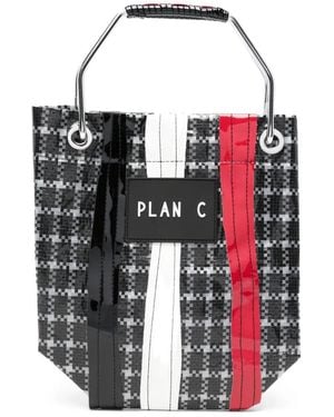 Plan C Check-Print Metal-Handle Tote Bag - White