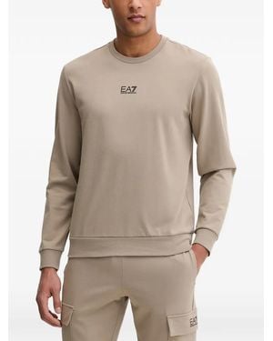 EA7 Logo-Print Ribbed-Trim Jumper - Natural
