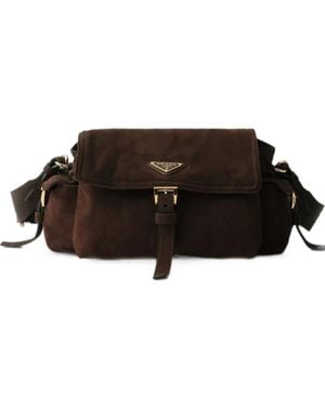 Prada Explore Medium Suede Shoulder Bag With Flap - Brown