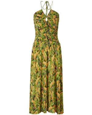 FARM Rio Forest Ruched Parrot-Print Midi Dress - Green