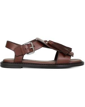 Weekend by Maxmara Fringed T-Bar Leather Sandals - Brown