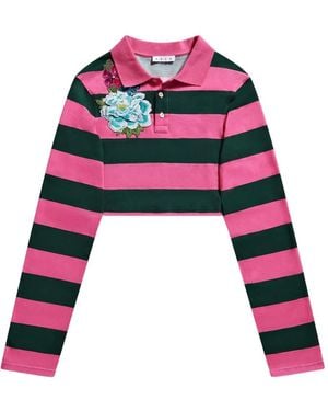 Area Embroidered Stripe Cropped Polo Top - Black
