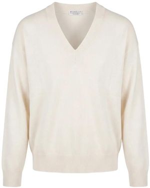Brunello Cucinelli V-Neck Cashmere Sweater - White