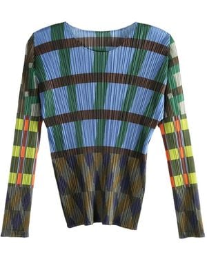 Pleats Please Issey Miyake Harmony Plaid-Pattern Pleated Top - Blue