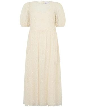 RED Valentino Puff-Sleeve Floral Midi Dress - White
