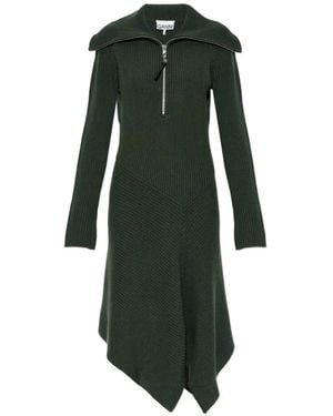 Ganni Ribbed-Knit Handkerchief-Hem Dress - Green