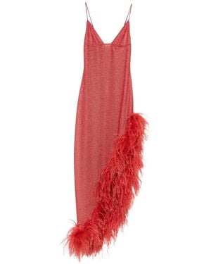 Oséree Lumière Plumage Feather-Trim Asymmetric Dress - Red