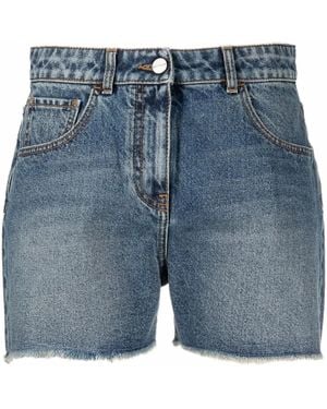 Palm Angels Palm Tree-Embroidered Frayed Denim Shorts - Blue