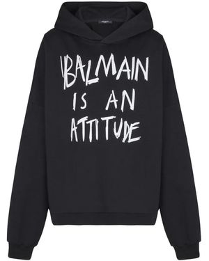 Balmain Cotton Front Print Hoodie For - Black