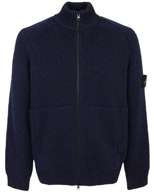Stone Island Compass-Patch Ribbed-Knit Cardigan - Blue