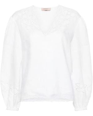 Twinset Floral-Embroidered Linen Blouse - White