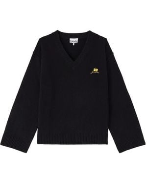 Ganni Pull Brodé À Col V - Bleu