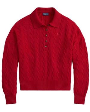 Polo Ralph Lauren Pull En Maille Torsadée À Col Polo - Rouge