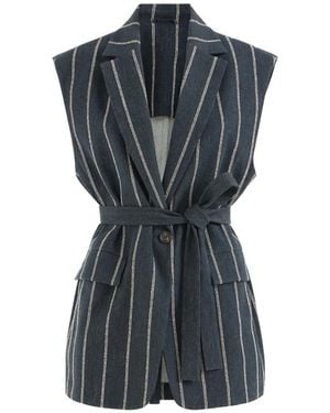 Brunello Cucinelli Gilet Ceinturé À Doubles Rayures Craie Avec Monili - Noir